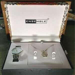 Ensemble Black Silver Tone Watch Necklace Earrings Set New Needs Battery